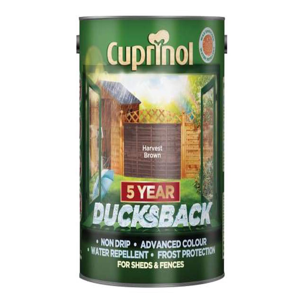 Cuprinol Ducks Back 5 Litre  Premium Water-Based Wood Treatment for Fences, Sheds, and Garden Furniture - Harvest Brown