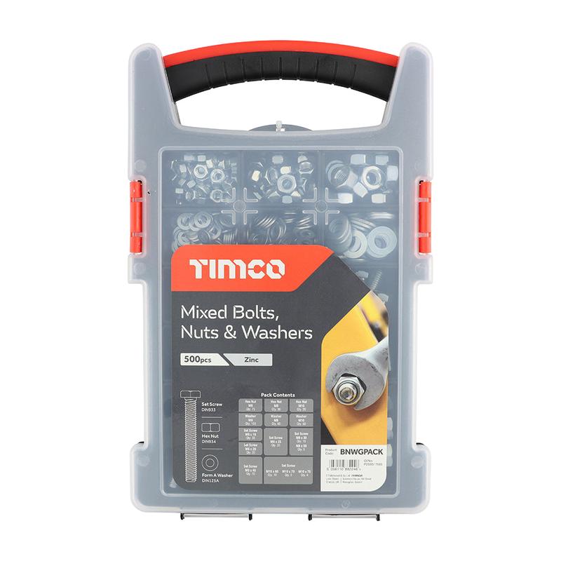 TIMCO Mixed Bolts, Nuts and Washers Grab Pack – Zinc – 500pcs – 500 Pieces Tray