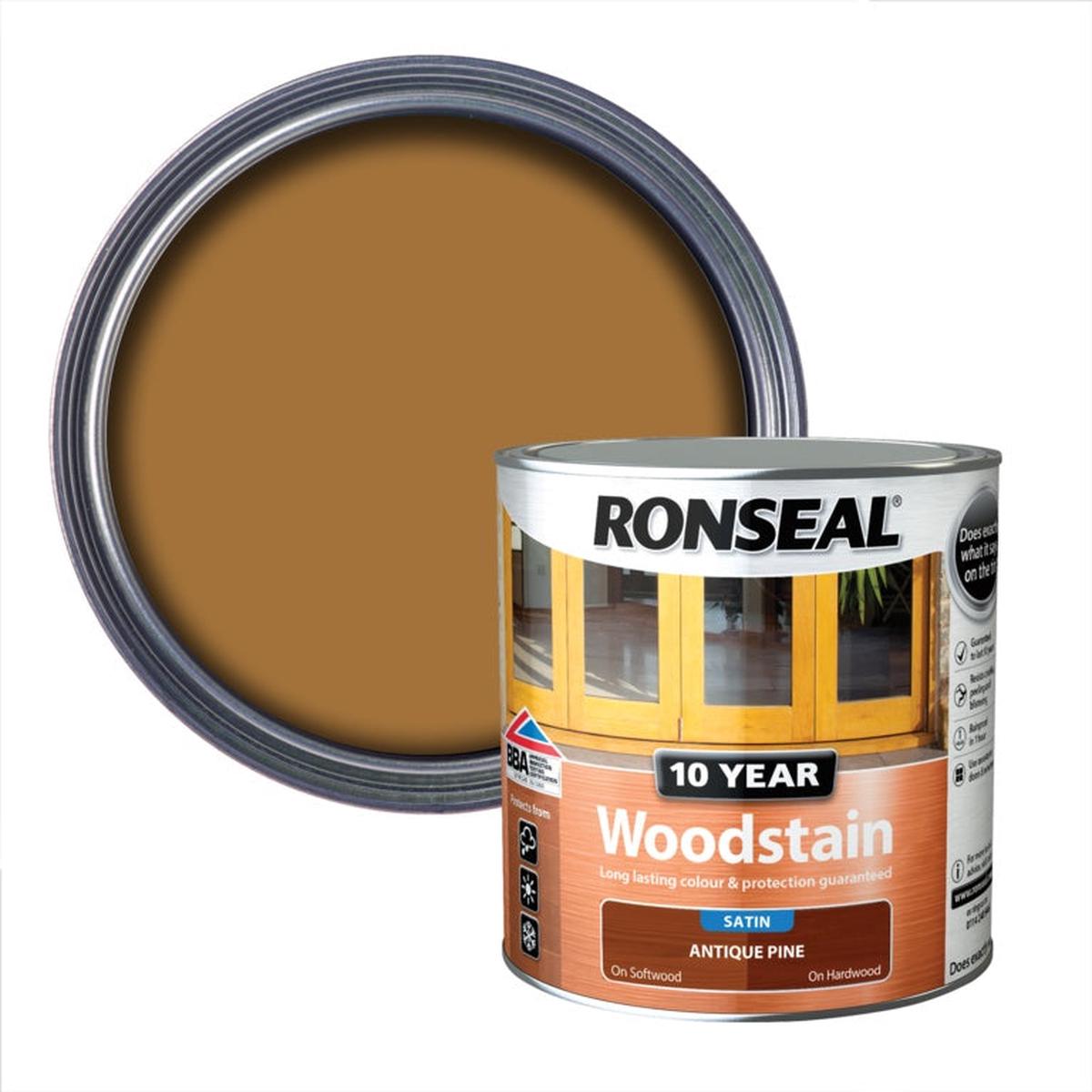 Ronseal 10 Year Woodstain  Long-Lasting Protection for Exterior Wood – Antique Pine Satin 2.5L