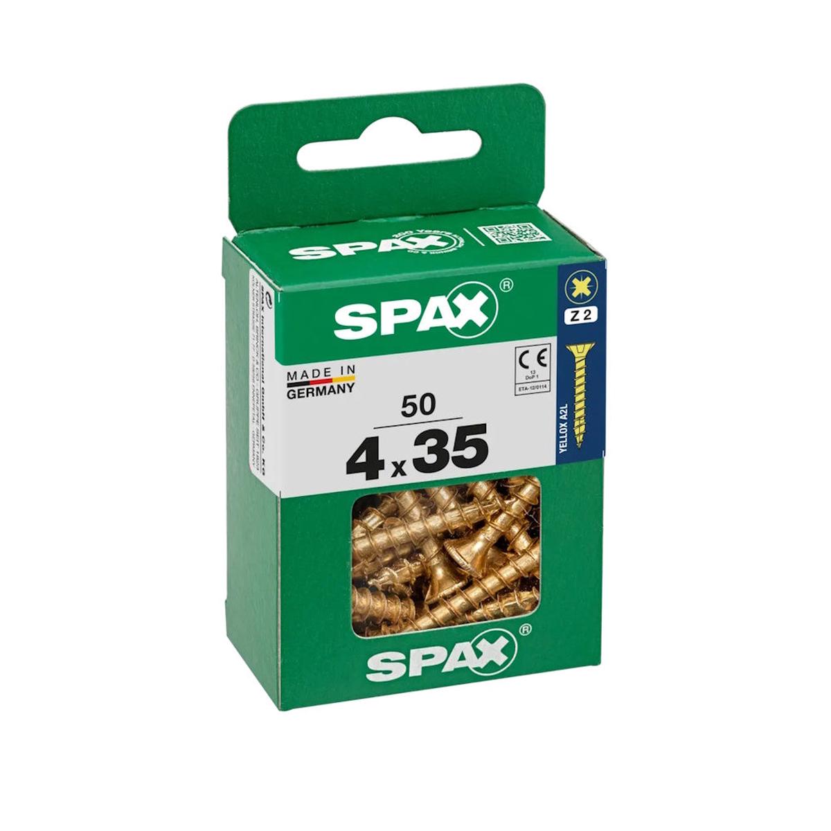 SPAX Pozi Flat CSK Yellox Coated Screws  4.0 x 35mm, PZ2 (Pack of 50) – 4081020400352