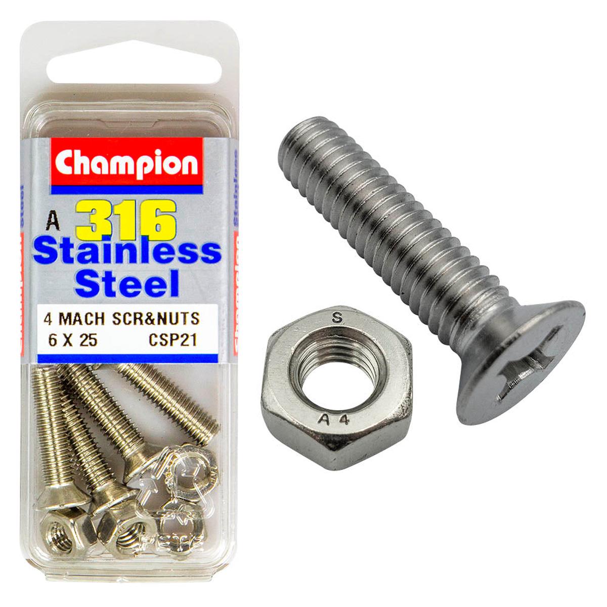 Champion - Machine Screws & Nuts-CSK-Phillips-Stainless Steel-M6x25mm & M6x1.00mm-316/A4 | CSP21