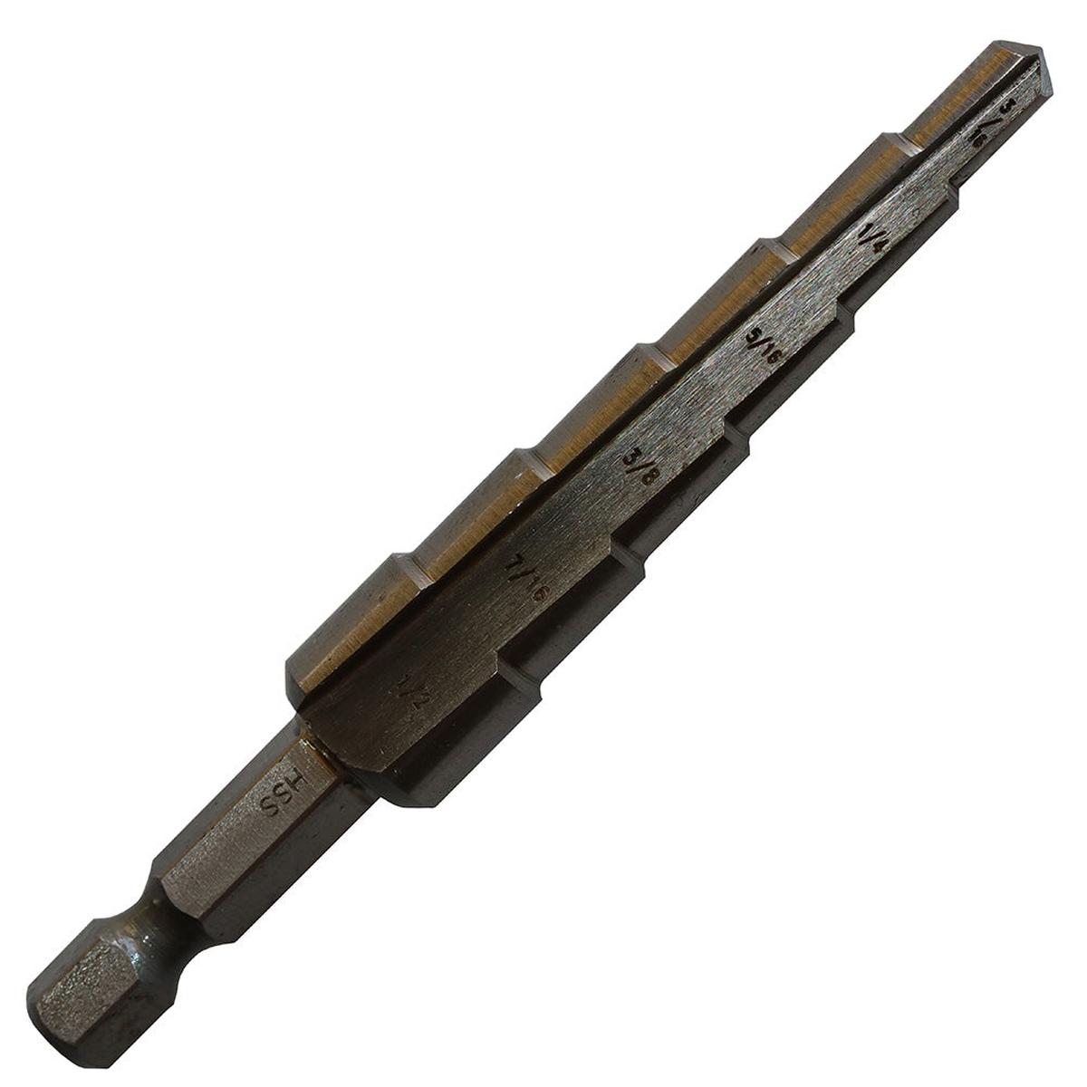 #1 HSS Quick Change Hex Shank Step Drill Bit, (1/8"- 1/2 by 1/32"), VAC1HEX