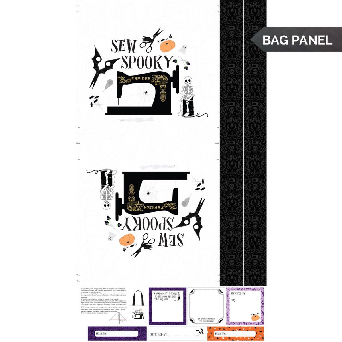 (Bag Panel) Spooky Tote Mr Bones Sews for FIGO